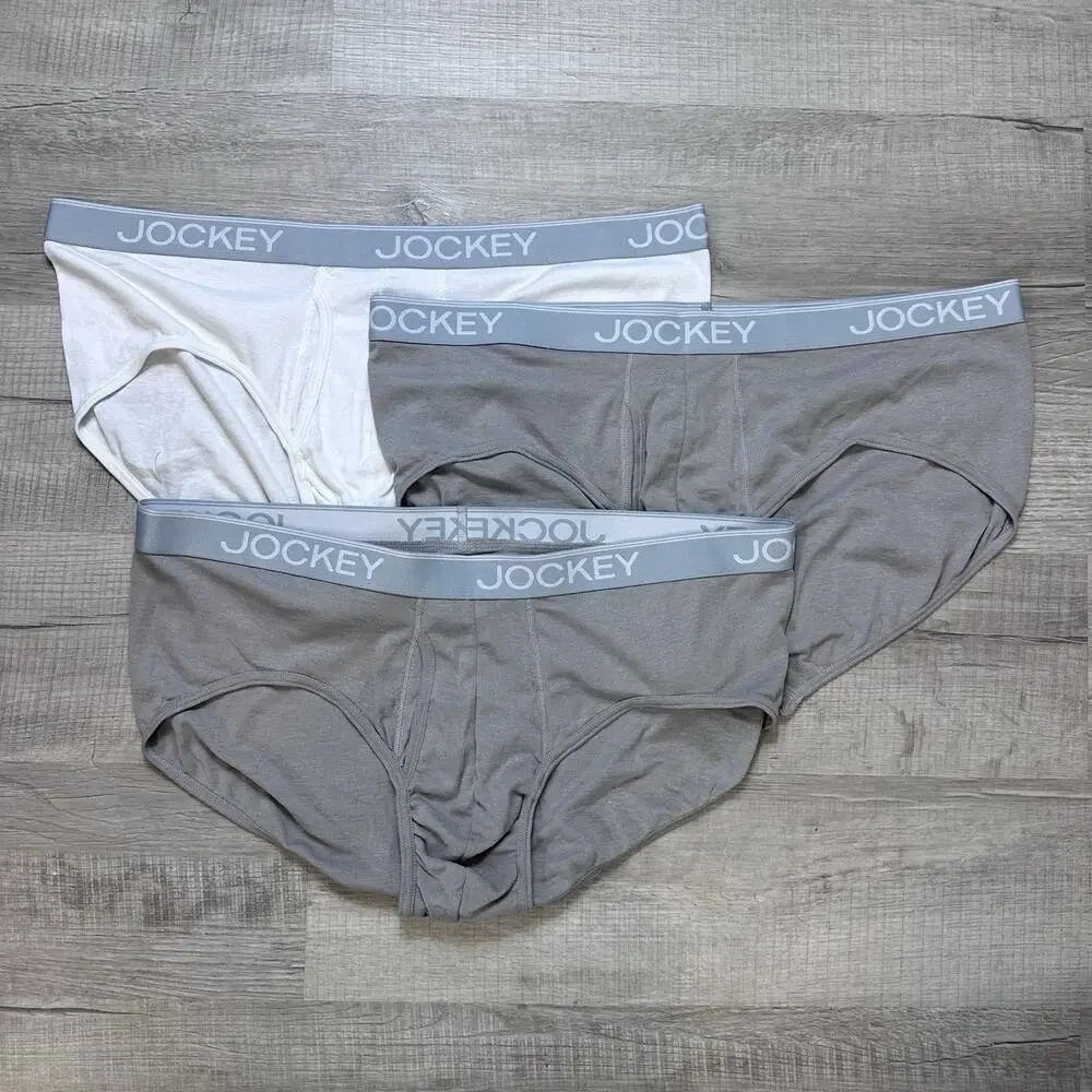 Men's 2XL Jockey Essentials Underwear 3-pack Cotton Blend Briefs Gray White NWOT